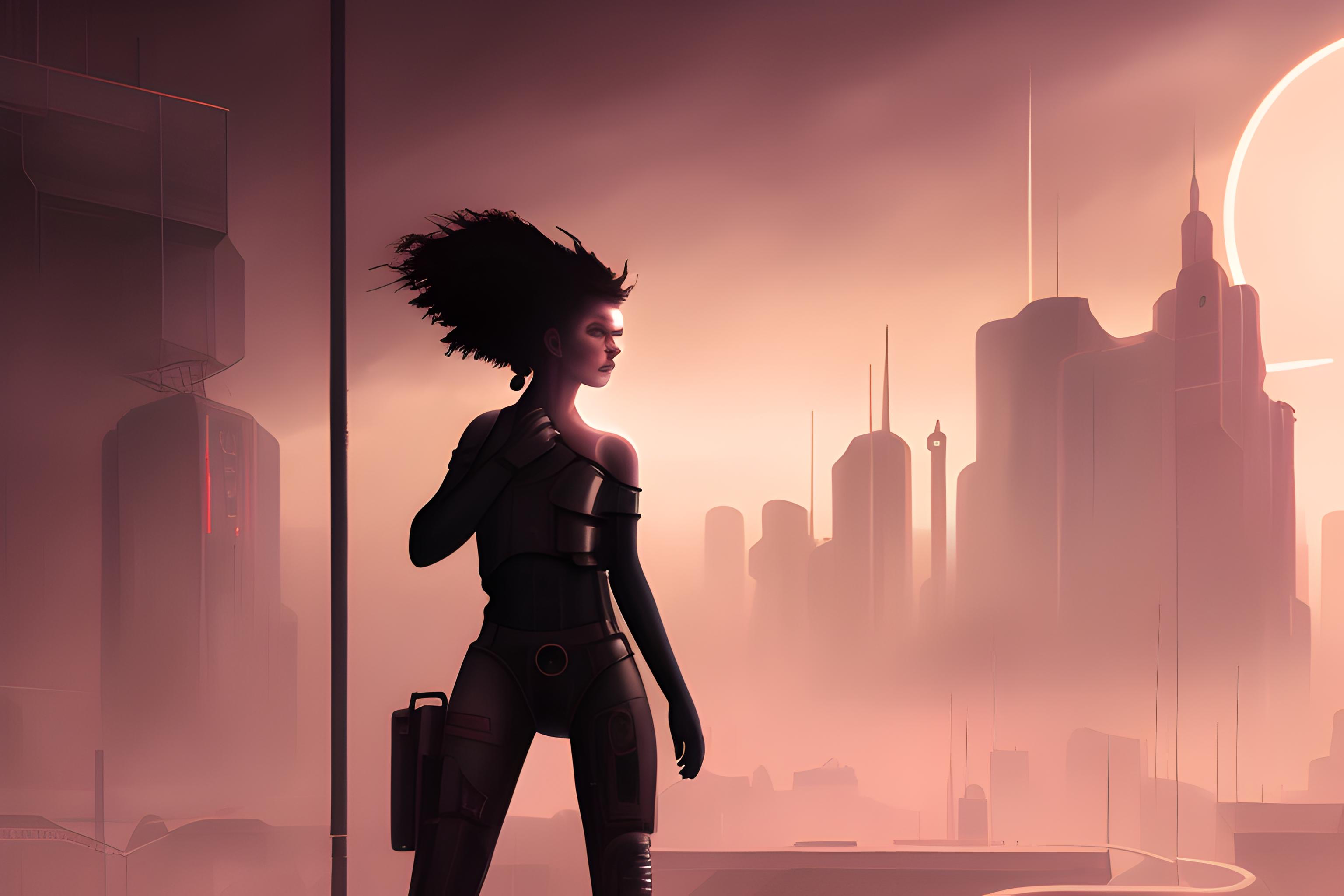 Une jolie fille cyberpunk mais sexy, dans une cité post apocalyptique la nuit, éclairée par des néons la nuit. le fons est sombre, la fille bien éclairée